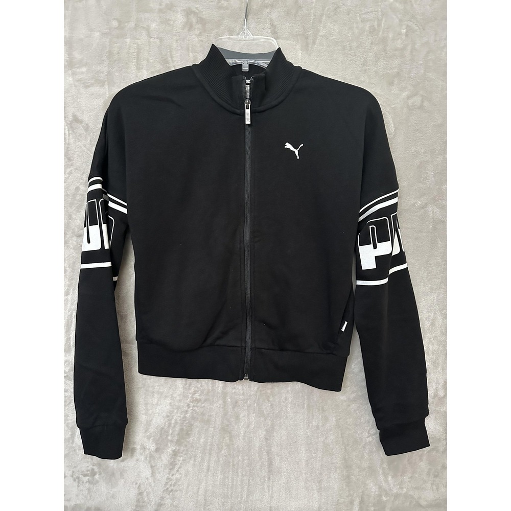Puma Track Jacket Womens XS Black White Full Zip Logo Spell Out Athletic‎ Retro